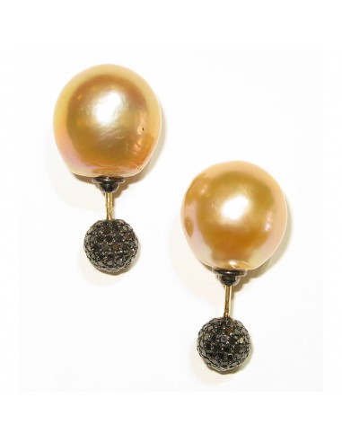 Black Diamond Double Sided Stud Earrings 18k Yellow Gold Pearl Jewelry d'Europe débarque