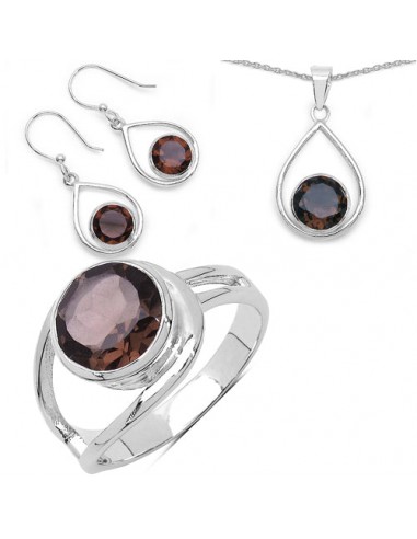 9.70 Carat Genuine Smoky Quartz .925 Sterling Silver Ring, Pendant and Earrings Set offre 