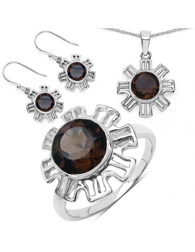 9.45 Carat Genuine Smoky Quartz .925 Sterling Silver Ring, Pendant and Earrings Set soldes