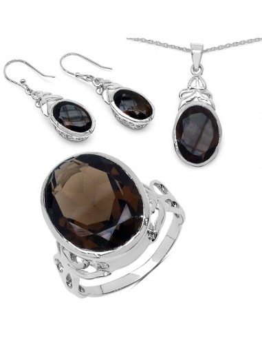 26.52 Carat Genuine Smoky Quartz .925 Sterling Silver Ring, Pendant and Earrings Set 50% de réduction en Octobre 2024