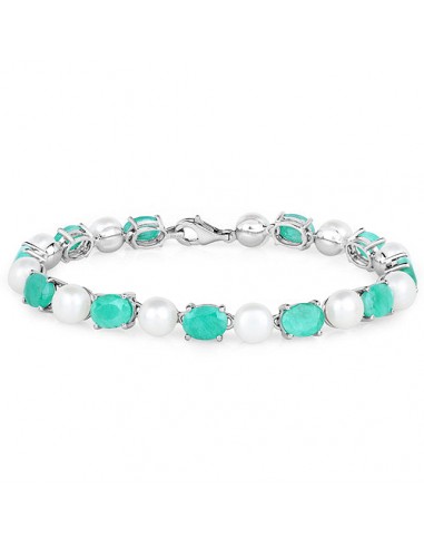 33.00 Carat Genuine Emerald and Pearl .925 Sterling Silver Bracelet une grave pollution 