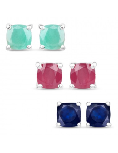 3.60 Carat Emerald, Glass Filled Ruby and Glass Filled Sapphire .925 Sterling Silver Earrings 2024