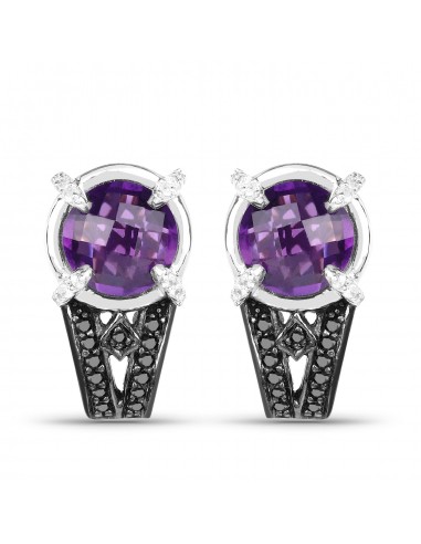 3.61 Carat Genuine Amethyst, Black Diamond and White Diamond .925 Sterling Silver Earrings Pour