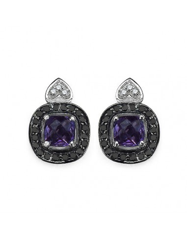 1.36 Carat Genuine Amethyst, Black Diamond & White Diamond .925 Sterling Silver Earrings en linge