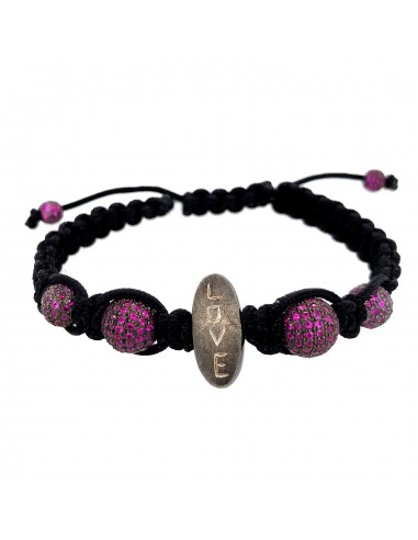 Pave Ruby Bead Black Macrame "Love" Bracelet Sterling Silver Jewelry le des métaux précieux