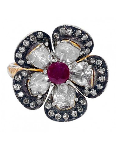 Diamond 14k Gold Sterling Silver Ruby Flower Style Cockail Ring Jewelry Comparez et commandez 