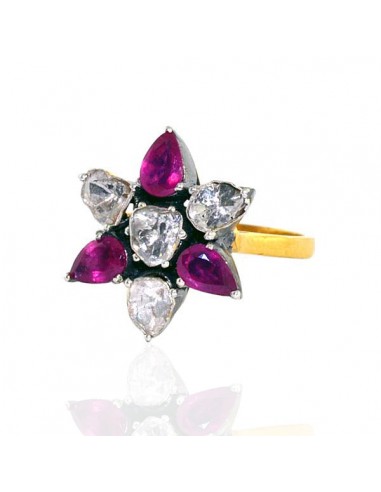 14k Gold Sterling Silver Diamond Ruby Floral Style Ring Handmade Jewelry À commander