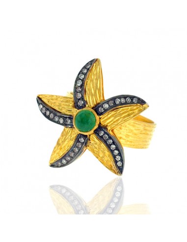 Emerald & Diamond Floral Cockail Ring Sterling Silver 18k Gold Jewelry paiement sécurisé