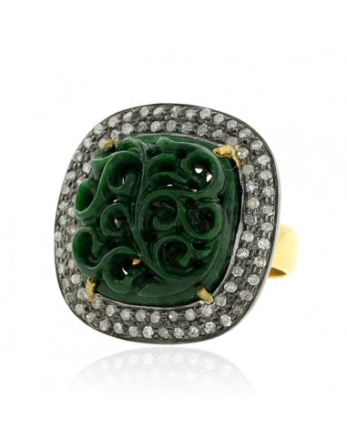 Carved Cockail Ring Size Prong Set Jade Gemstone Vintage Diamond 18k Gold la colonne vertébrale