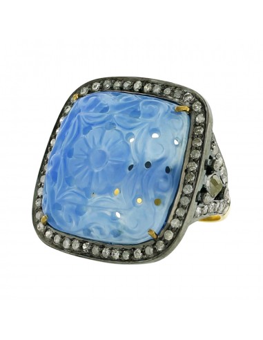 Pave Diamond Blue Agate 18k Gold 925 Sterling Silver Carving Ring Jewelry de votre