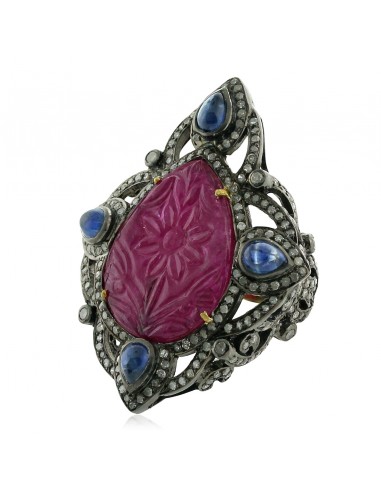 Carved Ruby & Sapphire Cockail Ring 18k Gold 925 Silver Diamond Jewelry En savoir plus