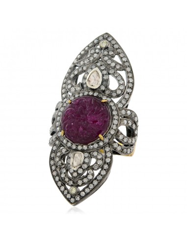 Carved Ruby & Pave Diamond Long Ring 18k Gold 925 Silver Fashion Jewelry Par le système avancé 