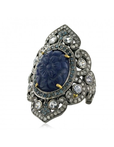 18k Gold 925 Silver Carved Flower Sapphire & Diamond Cockail Ring Jewelry store