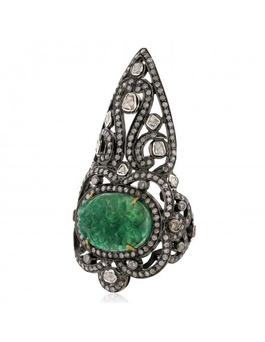 Pave Diamond & Carved Emerald Cockail Knuckle Ring 18k Gold Silver Jewelry en ligne