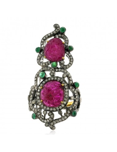 Emerald Ruby Pave Diamond 18k Gold Long Ring 925 Sterling Silver Jewelry Véritable concentré