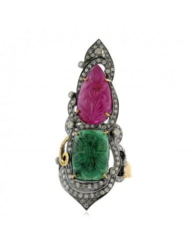 Carved Ruby & Emerald Cockail Knuckle Ring 18k Gold 925 Silver Diamond Jewelry 2024