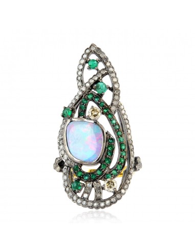 18k Gold 925 Sterling Silver Opal & Emerald Diamond Cockail Ring Jewelry de pas cher