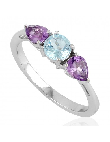 Three Stone Amethyst Topaz Gemstone Ring 925 Sterling Silver Handmade Jewelry Faites des économies